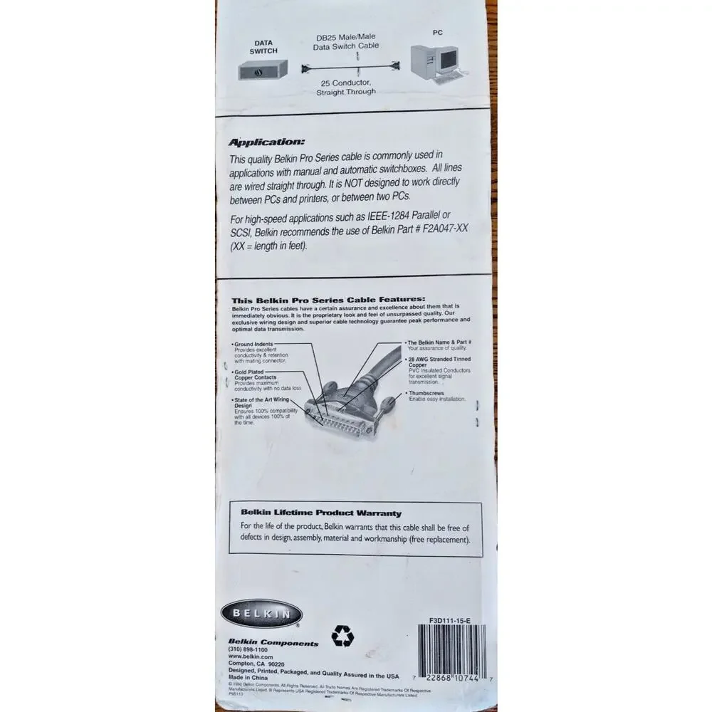 Belkin 15' DB25 Male to Male Pro Series Switchbox Cable - NEW